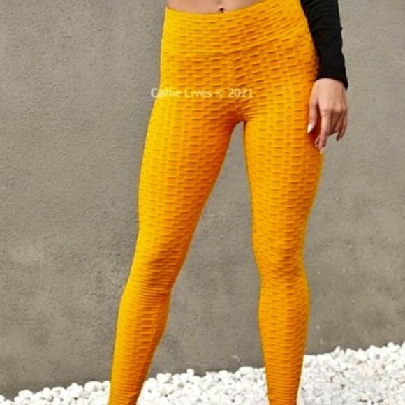 New Mix Brazillian Leggings Women's 2XL Mustard Yellow Textured Workout Soft New - Picture 4 of 13